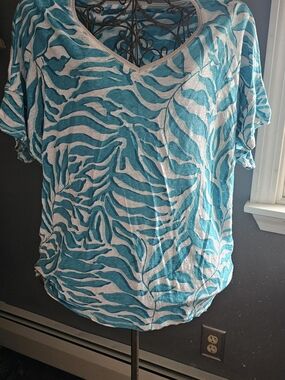 Chico's Turquoise and White Patterned Top with Metallic Trim